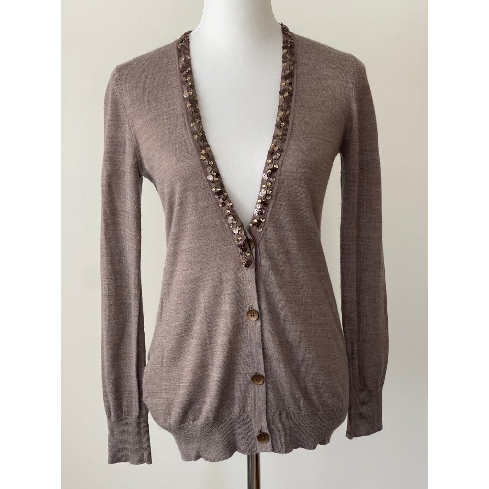 LOFT Sequin Cardigan, Small, Brown Lightweight Knit, Long Sleeve